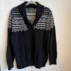 Lauren‎ Ralph Lauren Sweater Women 2X Black White Fair Isle Toggle Shawl Collar